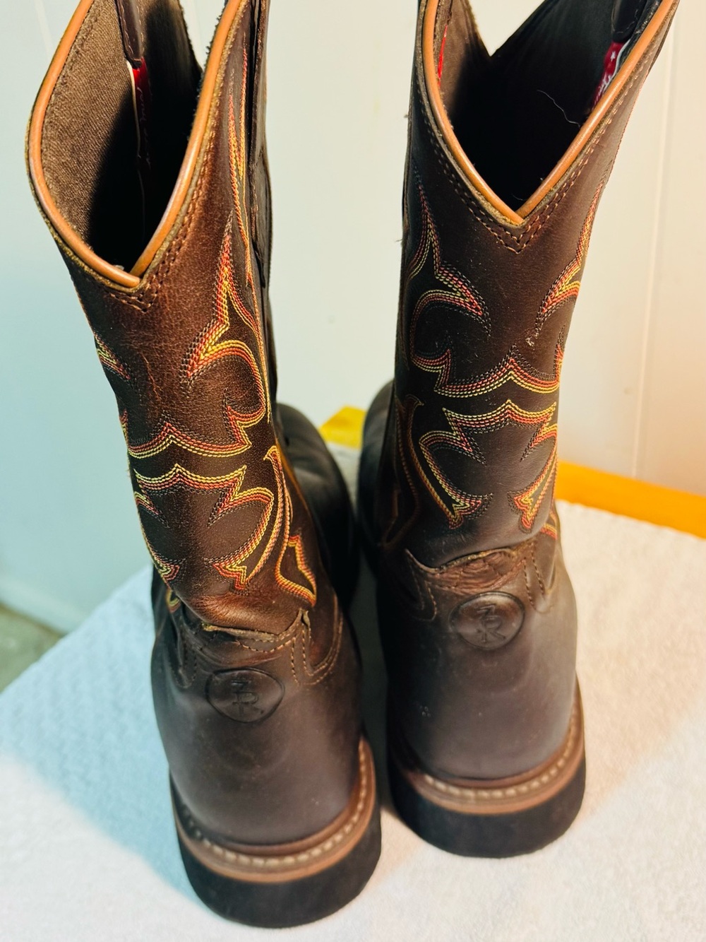 Men's Brown Leather Western Work Boots - Embroidered Shaft - Picture 2 of 11